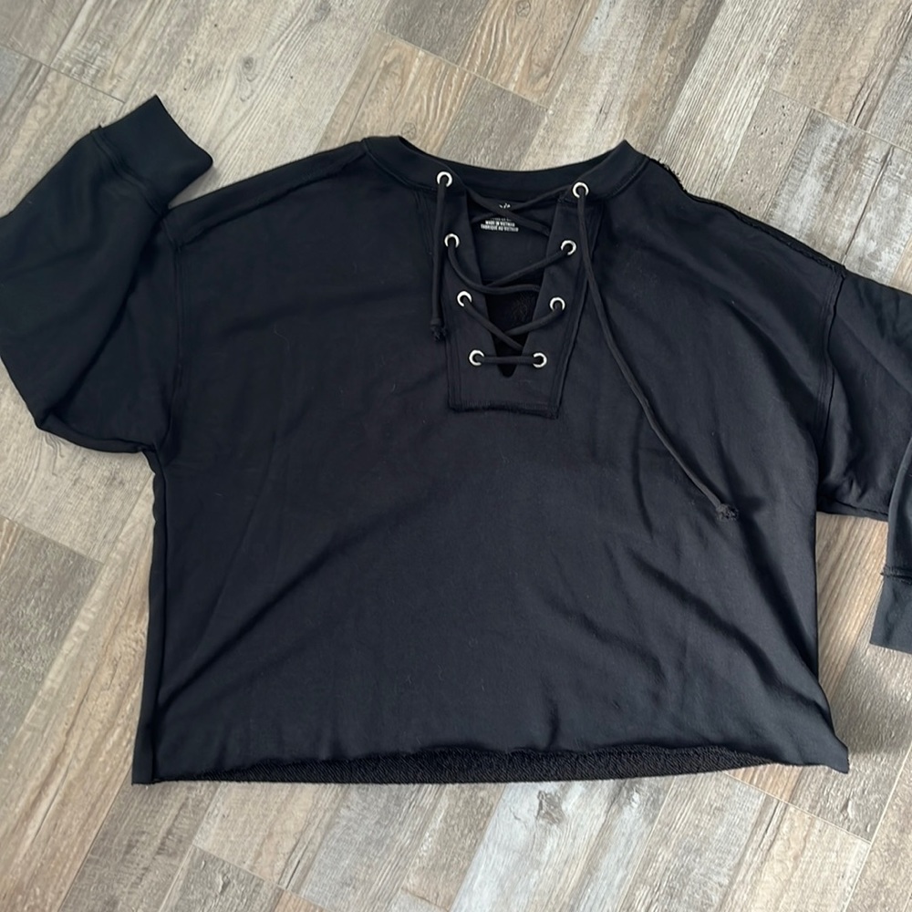 American Eagle Black Lace Up Crew Neck